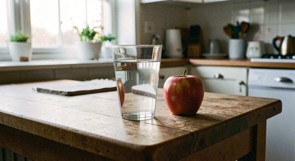 Bicchiere d'acqua su un tavolo di legno della cucina all'alba accanto a una mela intera, luce fredda e morbida del mattino dalla finestra